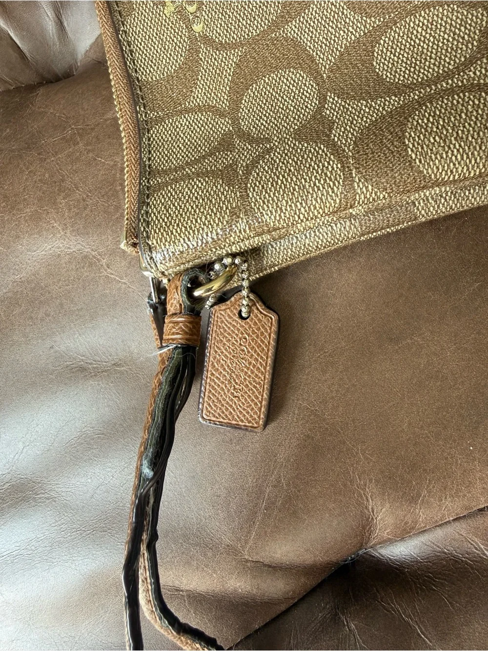 Coach Tan Signature Canvas Wristlet with Gold Logo